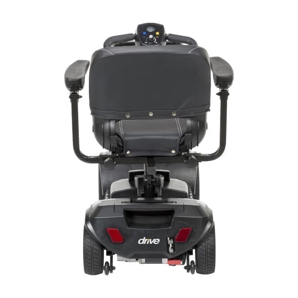 Front view of a black mobility scooter with handlebars and a seat.