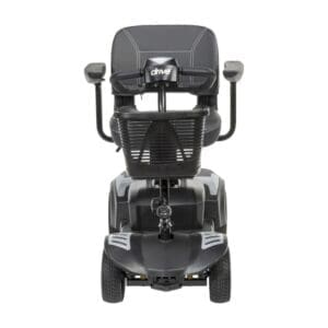 Black mobility scooter with a comfortable seat and armrests.
