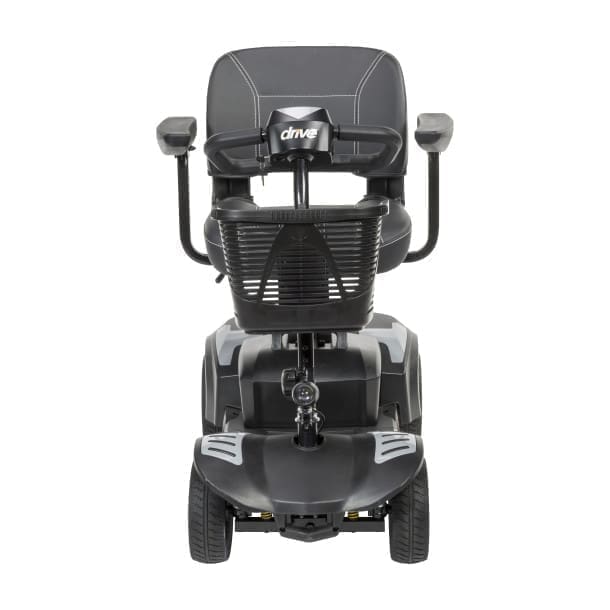Black mobility scooter with a comfortable seat and armrests.