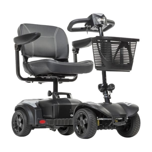 Compact black mobility scooter with cushioned seat and front basket.