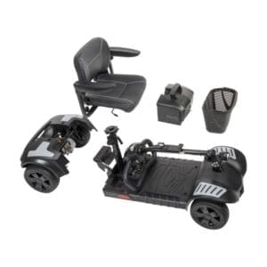 Disassembled black electric wheelchair parts including seat, base, and controls.