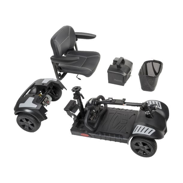 Disassembled black electric wheelchair parts including seat, base, and controls.