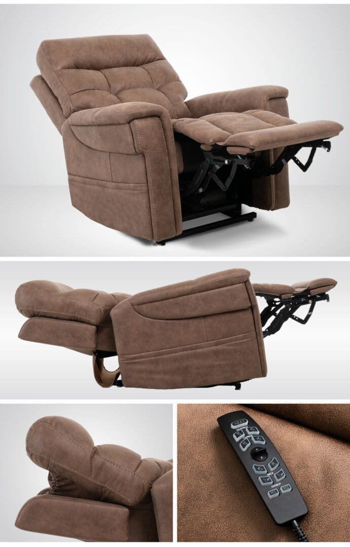 Brown fabric recliner chair with remote control and adjustable footrest.