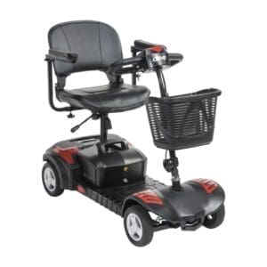 A black mobility scooter with a basket and padded seat.