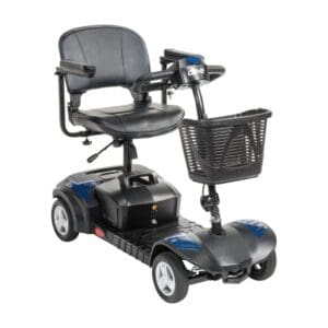 A compact, four-wheeled mobility scooter with a basket and cushioned seat.