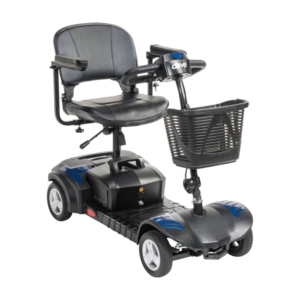 A compact, four-wheeled mobility scooter with a basket and cushioned seat.