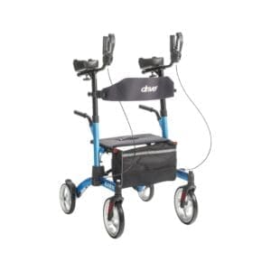 Blue and black mobility rollator with seat and handles.