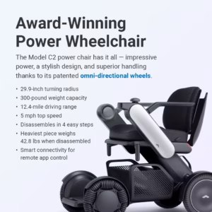 Award-winning Medibot CP power wheelchair with advanced multi-directional wheels.