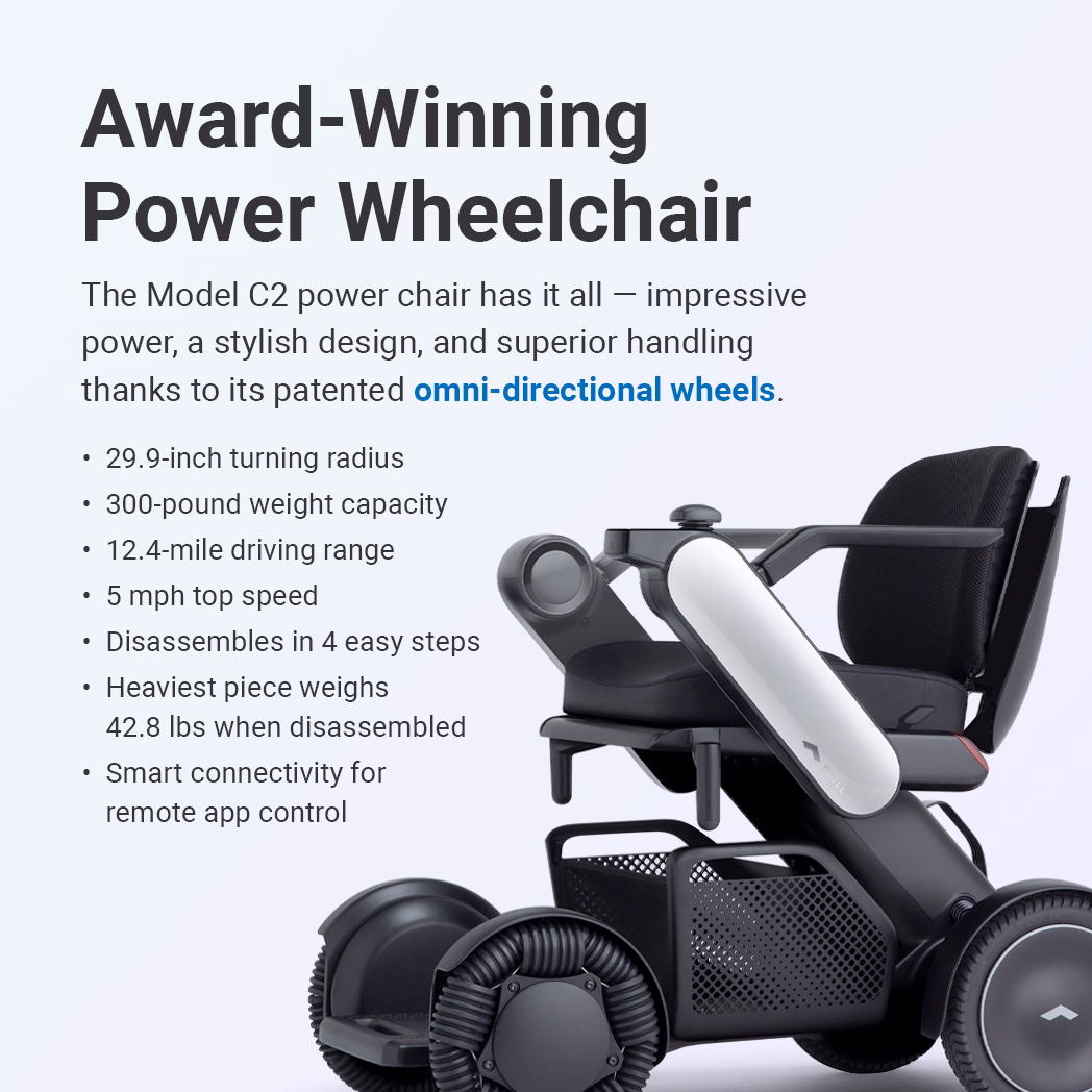 Award-winning Medibot CP power wheelchair with advanced multi-directional wheels.