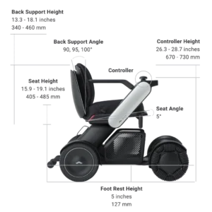 A compact, motorized wheelchair with adjustable armrests and large wheels.