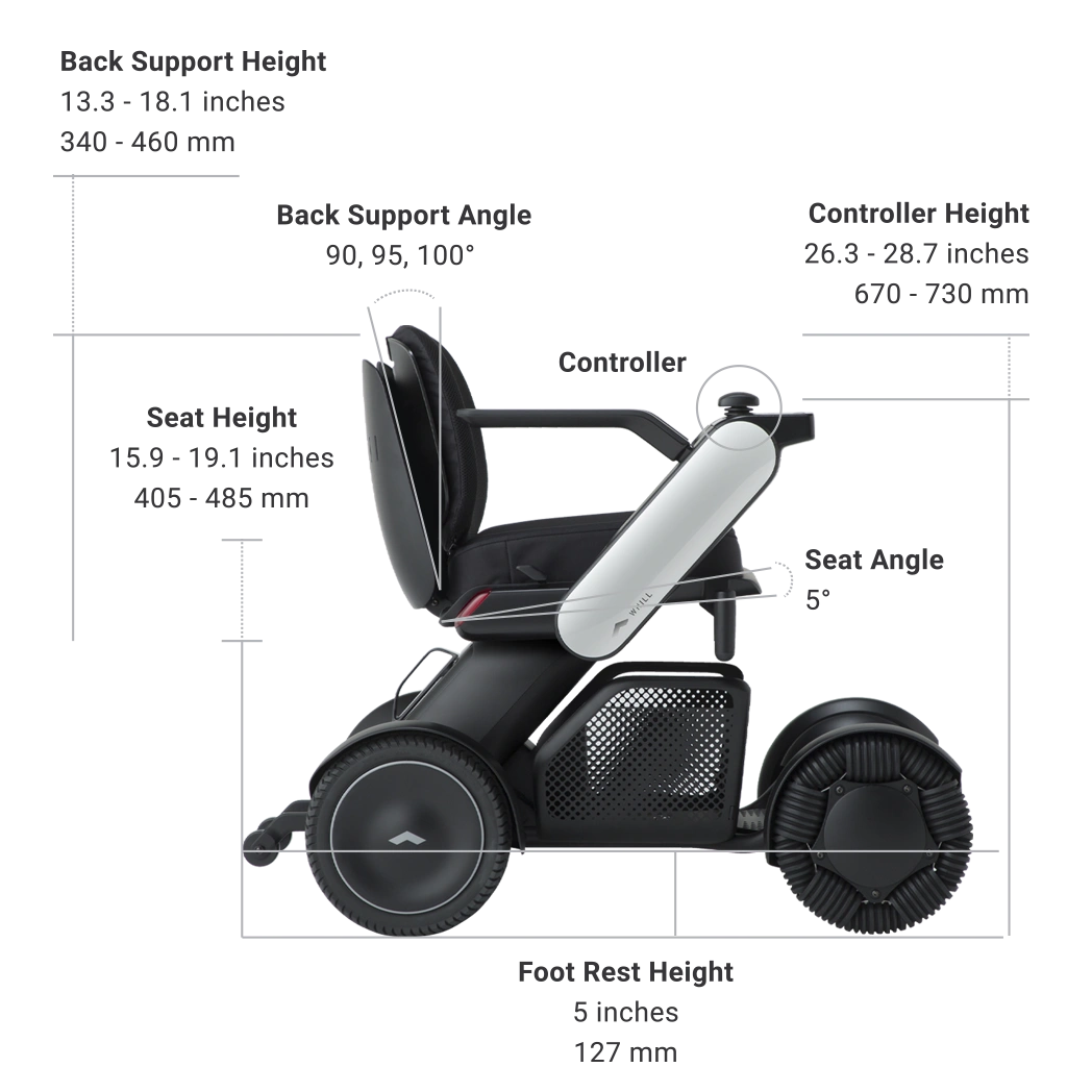 A compact, motorized wheelchair with adjustable armrests and large wheels.