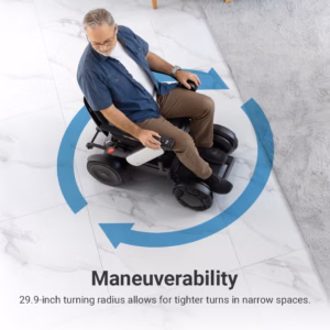 Man demonstrating maneuverability of a wheelchair in a tight space.