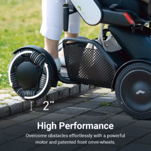 Close-up of a stroller wheel and mesh storage basket.