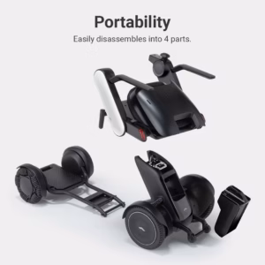 Compact, foldable personal transporter with four wheels for easy portability.