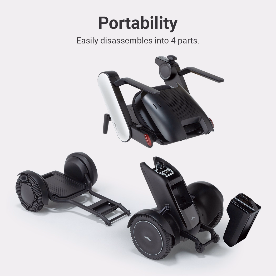 Compact, foldable personal transporter with four wheels for easy portability.