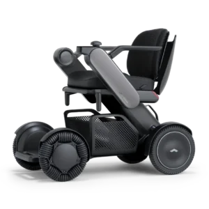 A futuristic black robotic device with wheels and articulated arms.