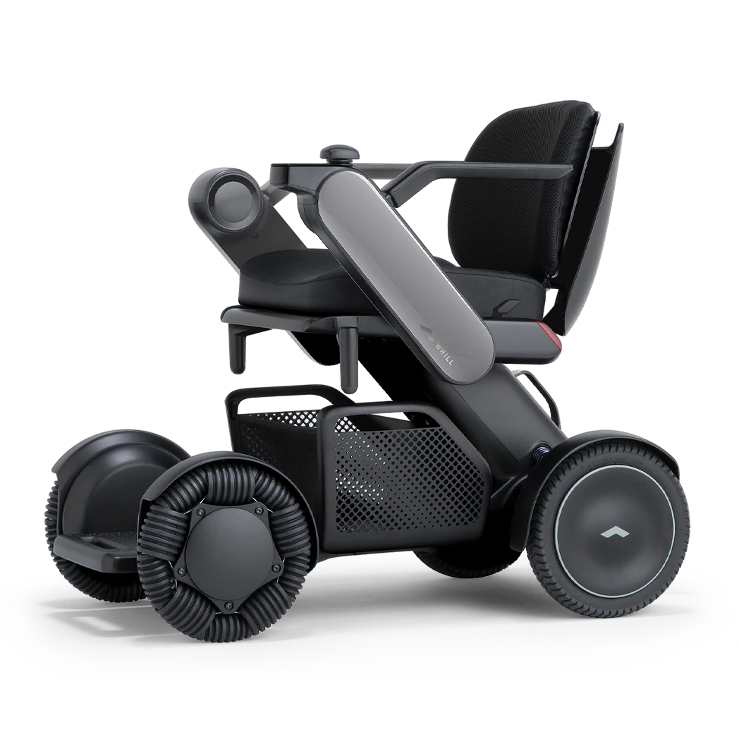 A futuristic black robotic device with wheels and articulated arms.
