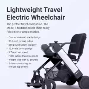 Compact, foldable lightweight travel electric wheelchair with multiple speed modes.