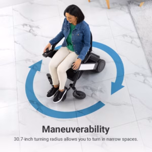 Woman using a wheelchair within a circular arrow indicating maneuverability.