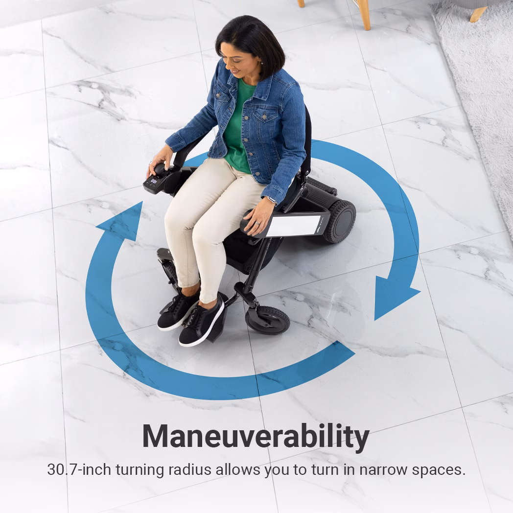 Woman using a wheelchair within a circular arrow indicating maneuverability.