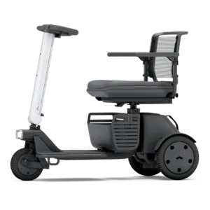 Compact electric wheelchair with sturdy wheels and adjustable seating.