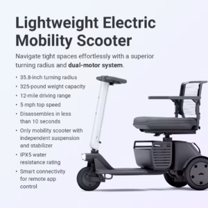 Compact lightweight electric mobility scooter with easy folding and powerful motor.