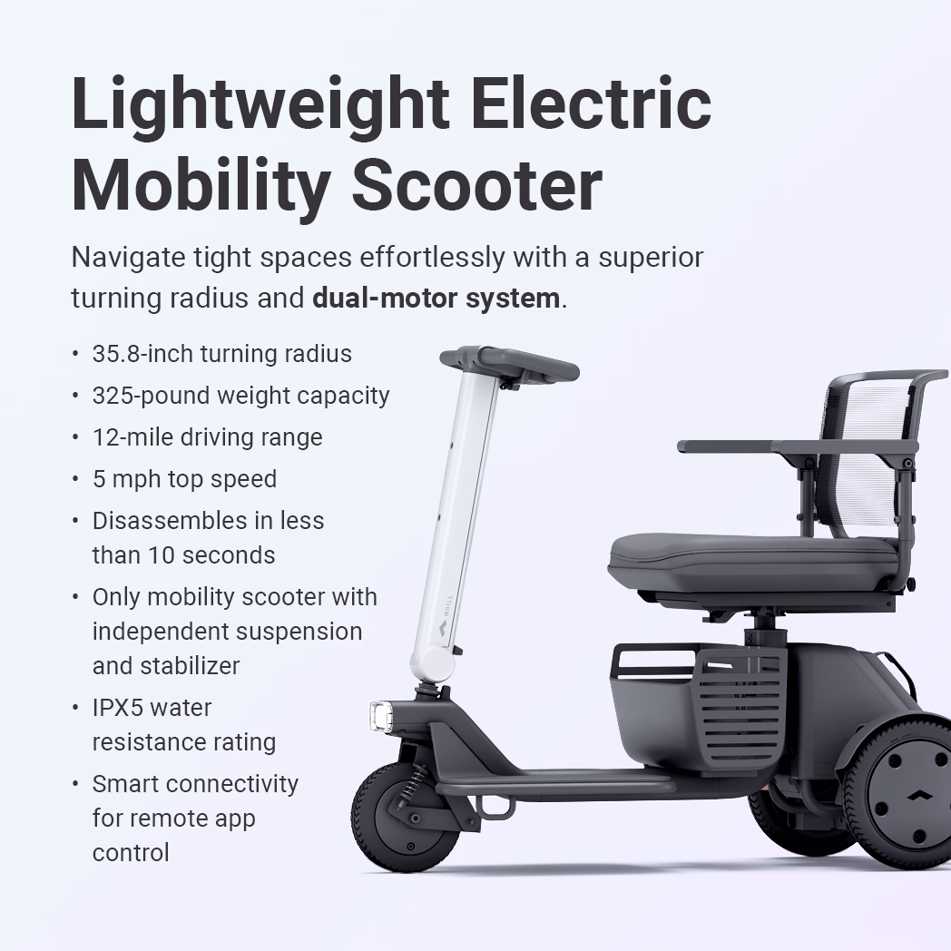 Compact lightweight electric mobility scooter with easy folding and powerful motor.