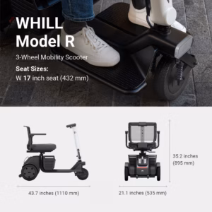 WHILL Model R, a sleek 3-wheel mobility scooter for seat sizes up to 19 inches.