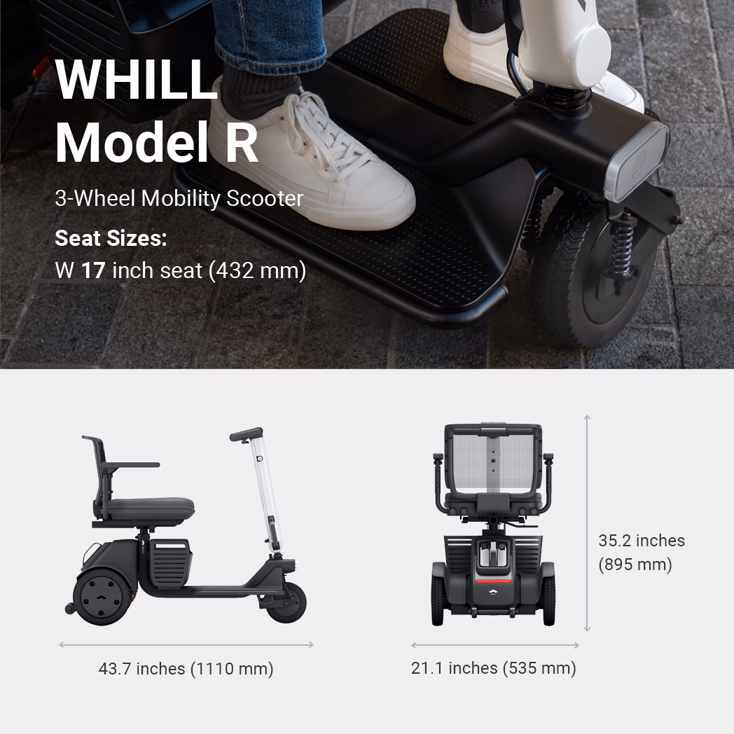 WHILL Model R, a sleek 3-wheel mobility scooter for seat sizes up to 19 inches.