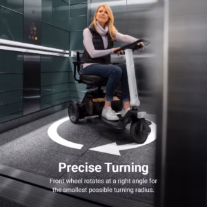 Woman using a floor scrubber with precise turning capability.