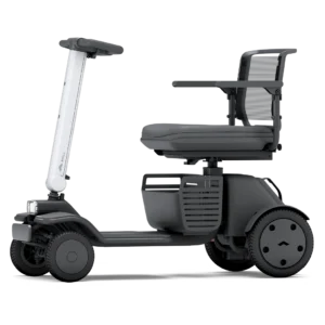 Compact mobility scooter with seat and battery pack.