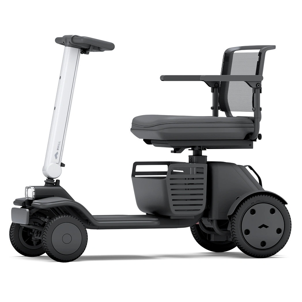Compact mobility scooter with seat and battery pack.