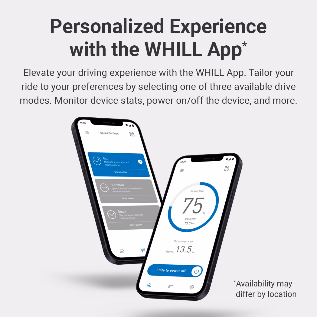 Mobile app interface for WHILL device control and settings.