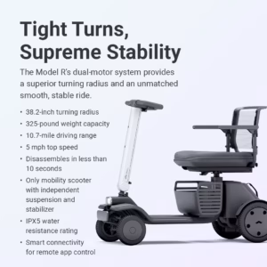 A mobility scooter highlighting tight turns and supreme stability features.