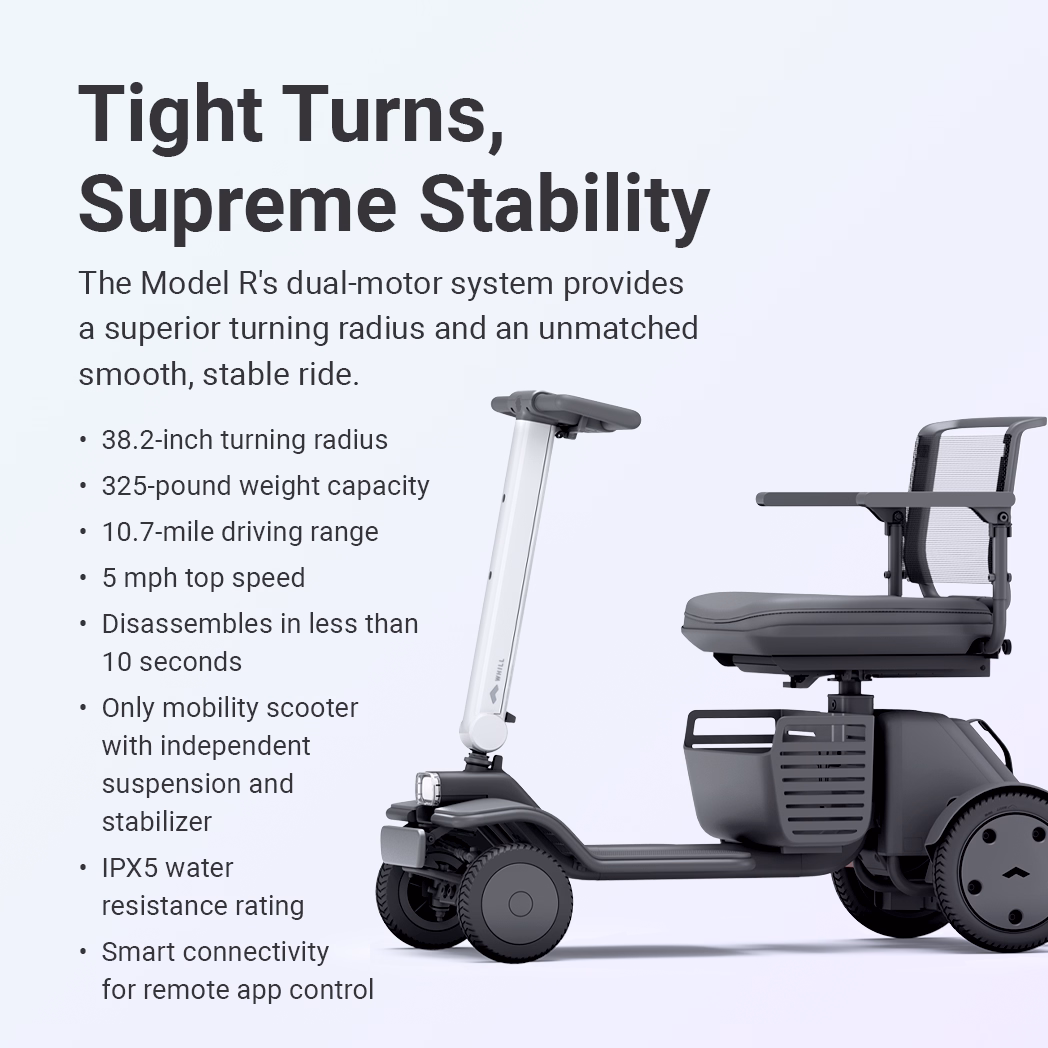 A mobility scooter highlighting tight turns and supreme stability features.