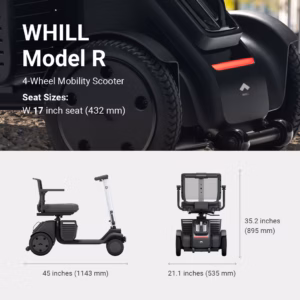 WHILL Model R, a compact 4-wheel mobility scooter with a seat and smart controller.