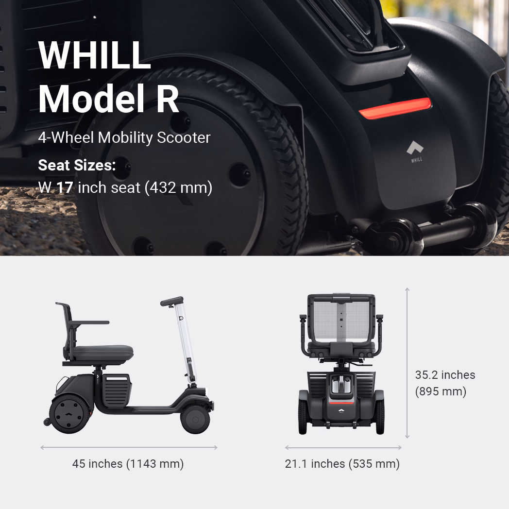 WHILL Model R, a compact 4-wheel mobility scooter with a seat and smart controller.