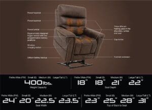 Detailed diagram of a recliner chair with measurements and features.