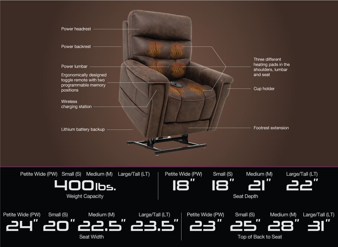 Detailed diagram of a recliner chair with measurements and features.
