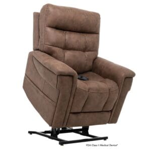 A plush brown reclining chair with cushioned armrests and backrest.
