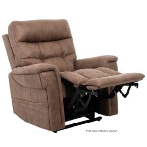 Brown upholstered reclining armchair with padded cushions.