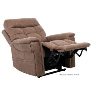 Brown fabric recliner chair with extended footrest and cushioned armrests.