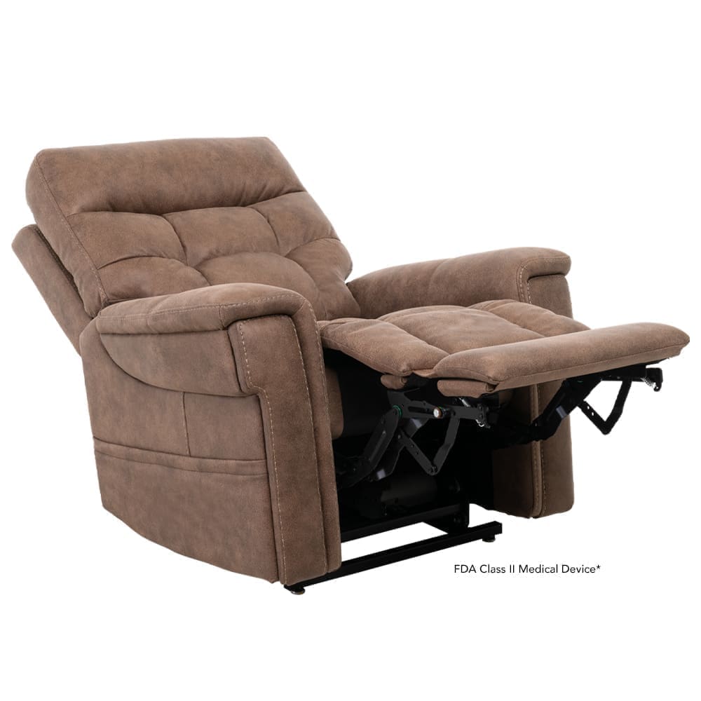Brown fabric recliner chair with extended footrest and cushioned armrests.