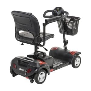 A black mobility scooter with a comfortable seat and front basket.