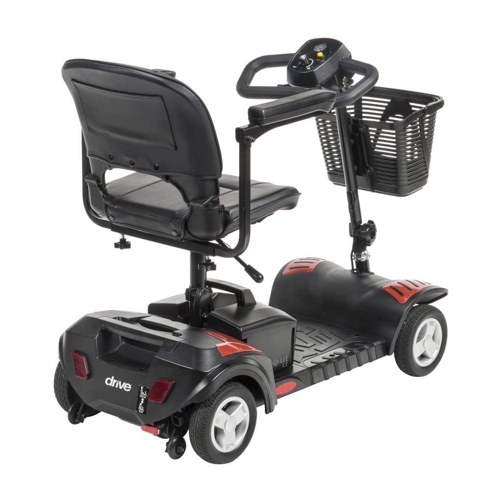 A black mobility scooter with a comfortable seat and front basket.
