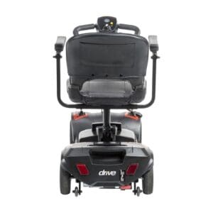 Rear view of a black mobility scooter with a padded seat and backrest.