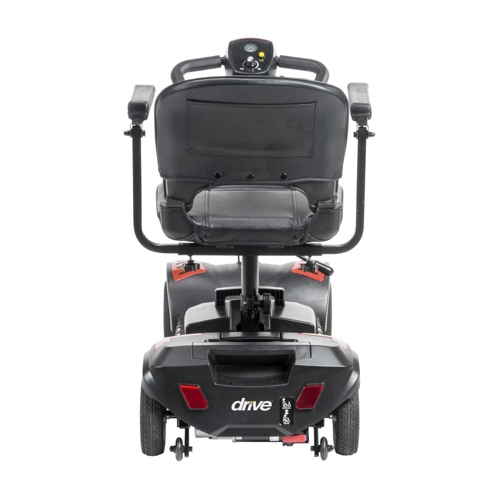Rear view of a black mobility scooter with a padded seat and backrest.