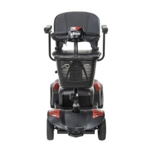 Black and red mobility scooter with padded seat and armrests.