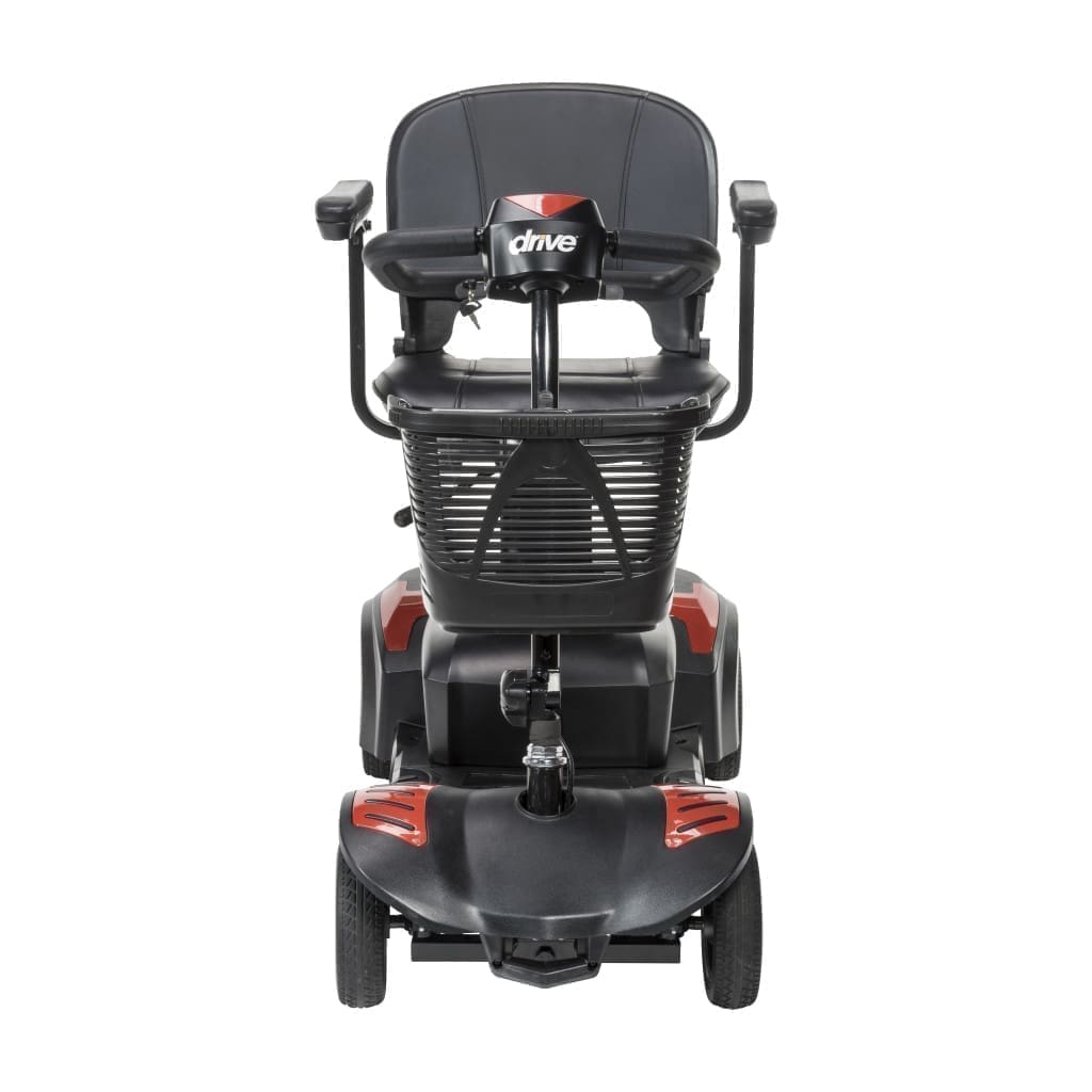 Black and red mobility scooter with padded seat and armrests.