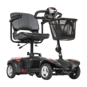 Compact black mobility scooter with a front basket and cushioned seat.